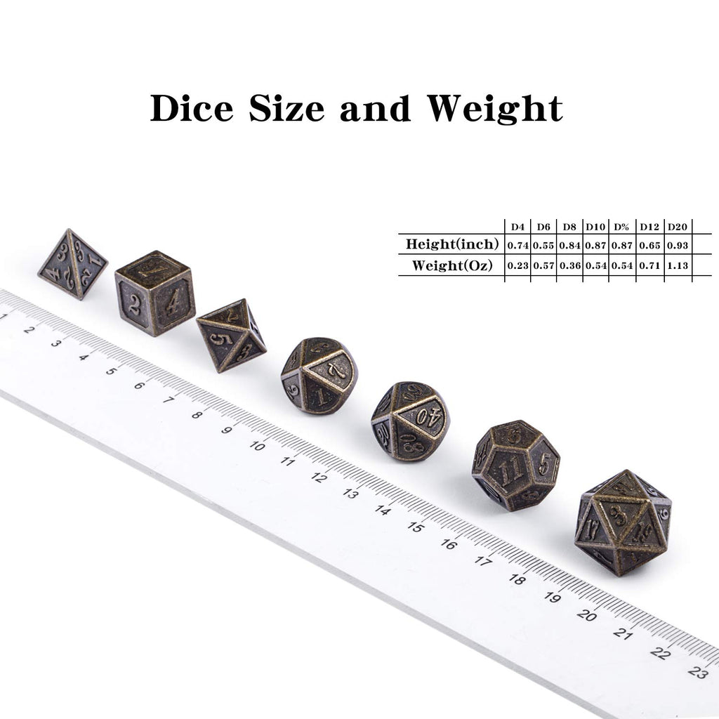 DnDnD Ancient Design Dice, 7PCS Brass DND Metal Dice with Metal Box for Table Games Dungeons and Dragons D&D
