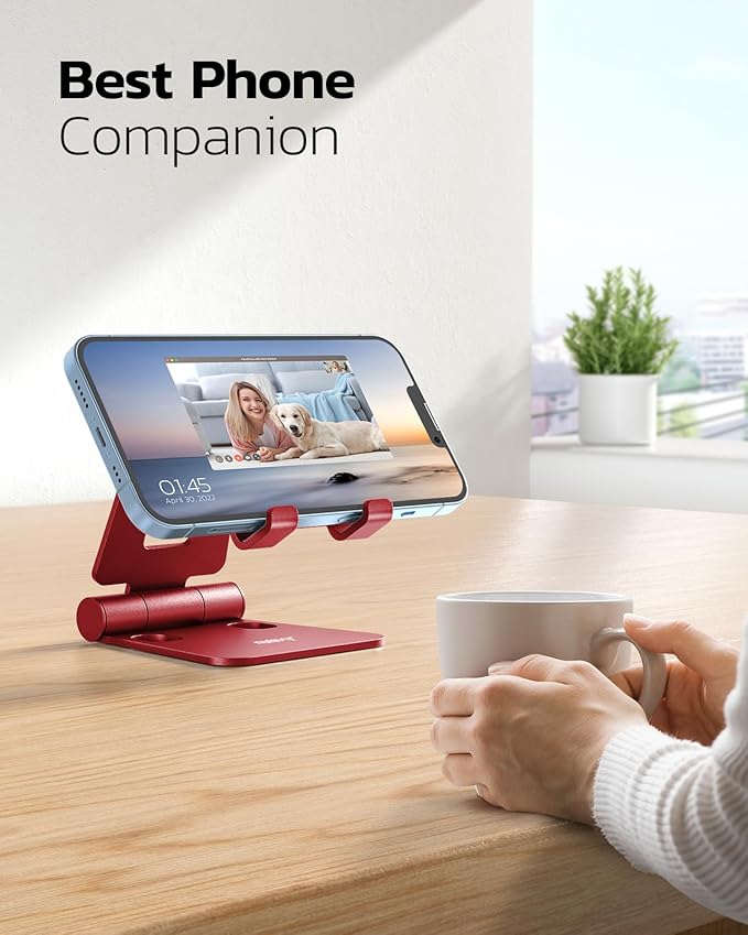 Nulaxy Dual Folding Cell Phone Stand, Fully Adjustable Foldable Desktop Phone Holder Cradle Dock Compatible with iPhone 17 16 15 14 13 12 11 Pro Max Xs Xr X 8, Nintendo Switch, All Phones - Red