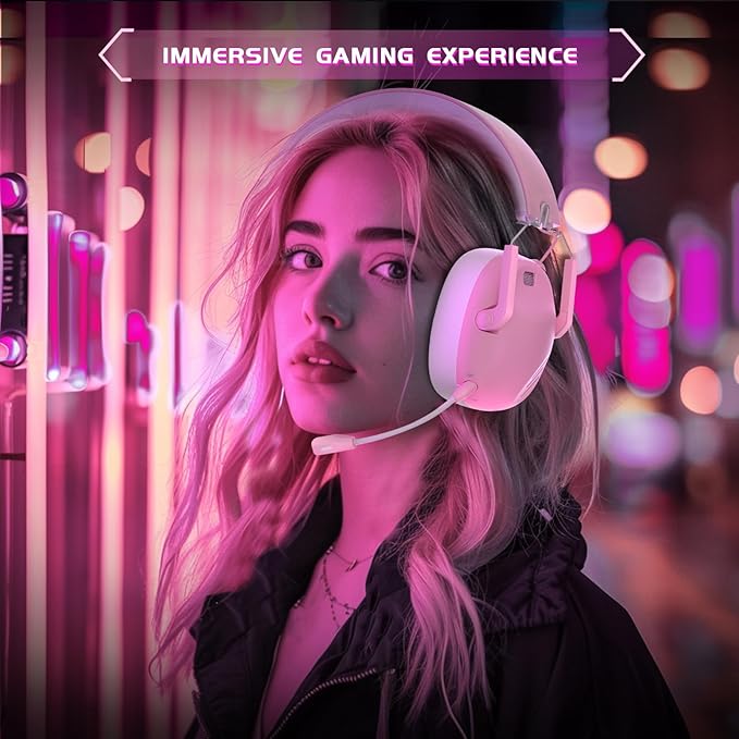 Wireless Gaming Headset for PS5, PS4, PC, NES, Bluetooth 5.3 Gaming Headsets Wireless with Noise Canceling Microphone, Gamer Headphones for Nintendo Switch, 50H Battery - Pink