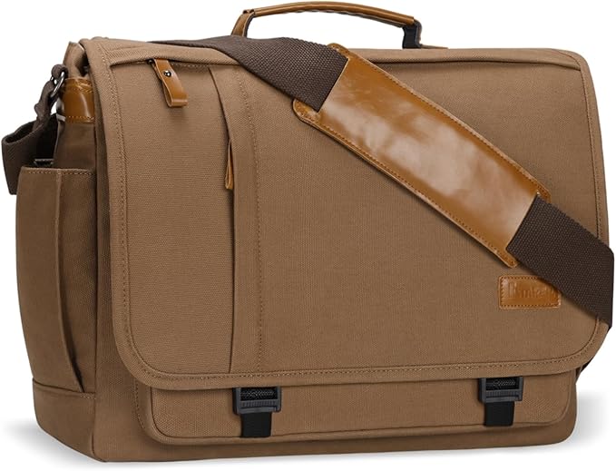 ESTARER Messenger Bag 17-17.3 Inch, Men's Computer Bag Water-resistant Canvas, Laptop Shoulder Bag for Travel Work College, Brown