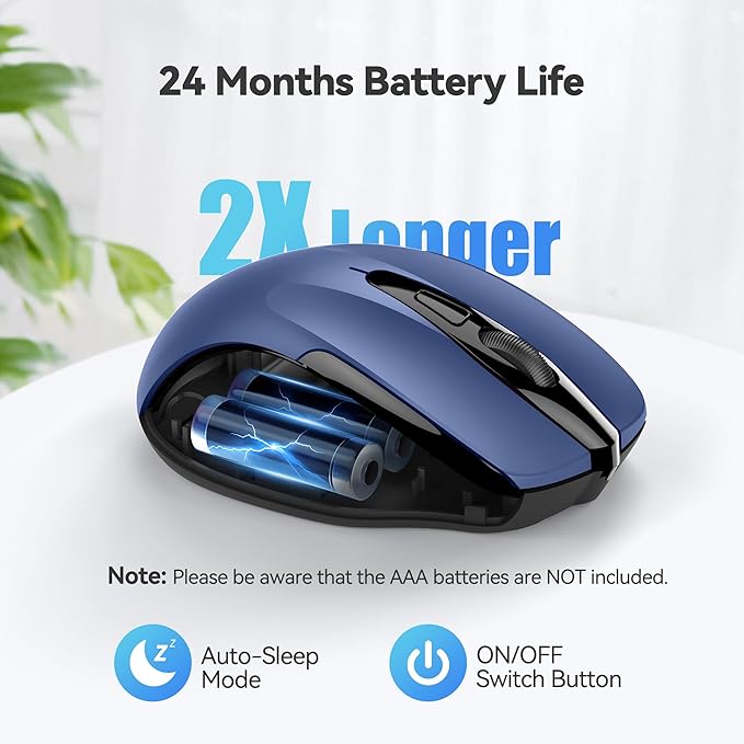 TECKNET Wireless Mouse, 2.4G Ergonomic Optical Mouse, Computer Mouse for Laptop, PC, Computer, Chromebook, Notebook, 6 Buttons, 24 Months Battery Life, 2600 DPI, 5 Adjustment Levels