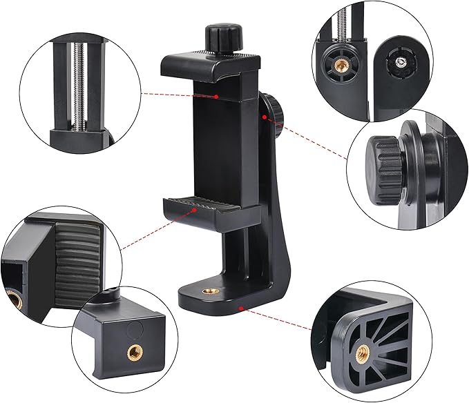 Phone Tripod Mount Adapter with Camera Remote Controller, Cell Phone Holder Clip with Adjustable Clamp Compatible with iPhone, Samsung, HTC, Huawei etc., Include Wrist Strap