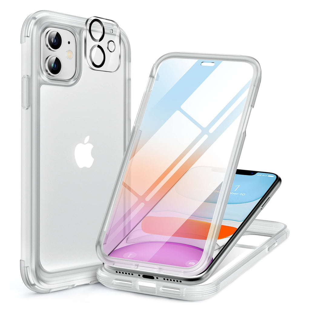 Miracase Glass Series for iPhone 11 Case 6.1 inch, Upgraded Full-Body Rugged Phone Bumper Case Cover with Built-in 9H Tempered Glass Screen Protector and Camera Protector, Matte Clear