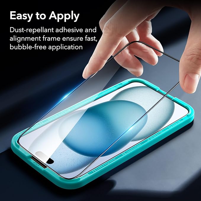 ESR 3+1 Pack for iPhone 15 Screen Protector, [9H Hardness] [Military Grade Shatterproof] Full Coverage Ultra-tough Tempered Glass Film with Easy Installation Frame, 1 Set of Camera Lens Protector