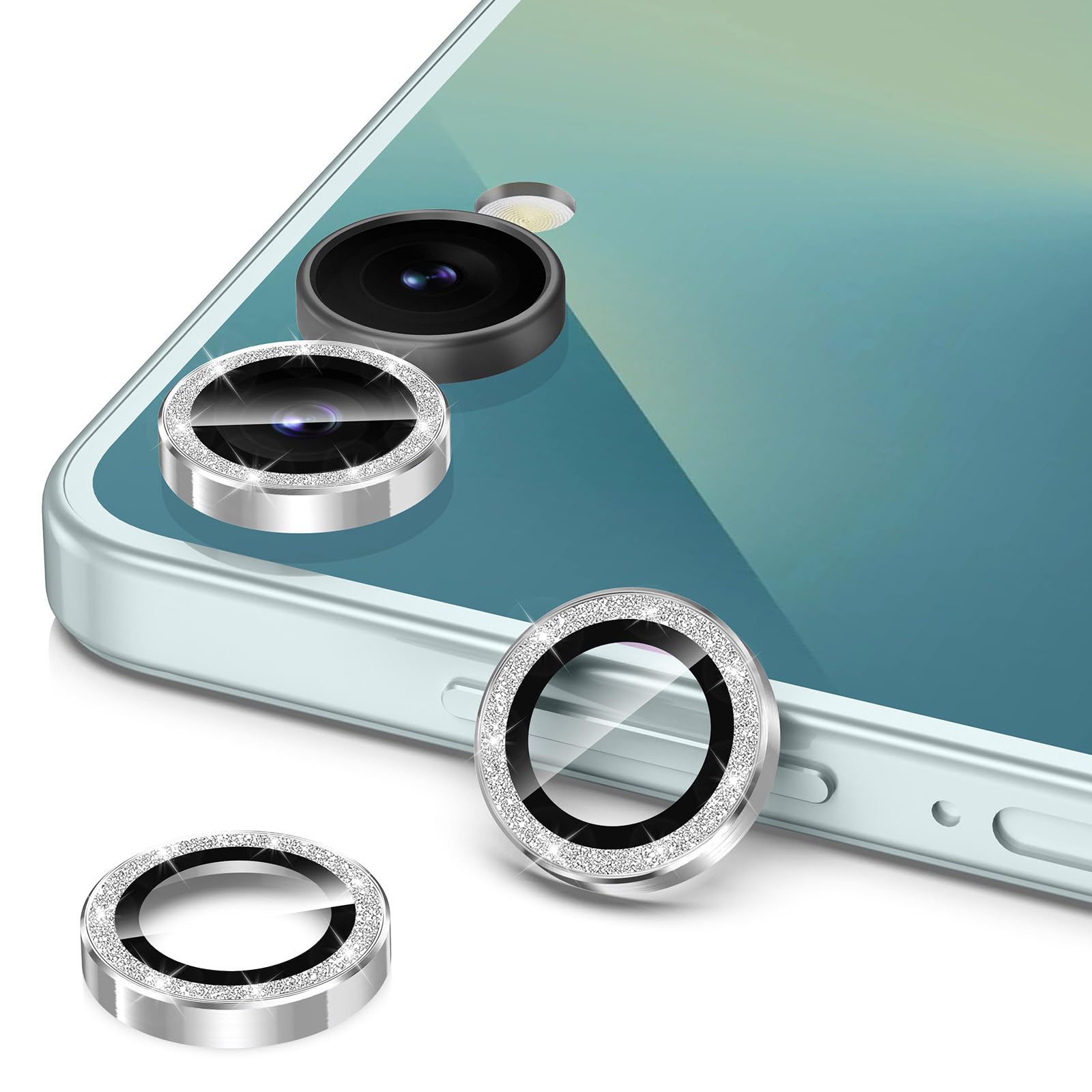 Avocase for Samsung Galaxy Z Flip 7 Camera Lens Protector, Individual Metal Ring Tempered Glass Lens Cover, [Strong Adsorption] Scratch Resistant Ultra-Thin HD Clear Lens Cover, 1 Set-Silvery Sparkly