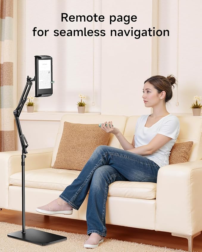Floor Stand for Kindle with Remote Page Turner, Holder Stand for Reading in Bed with Clicker – for Kindle Paperwhite, Oasis,Tablet, iPhone and More 4.7-11 inch,Green Remote
