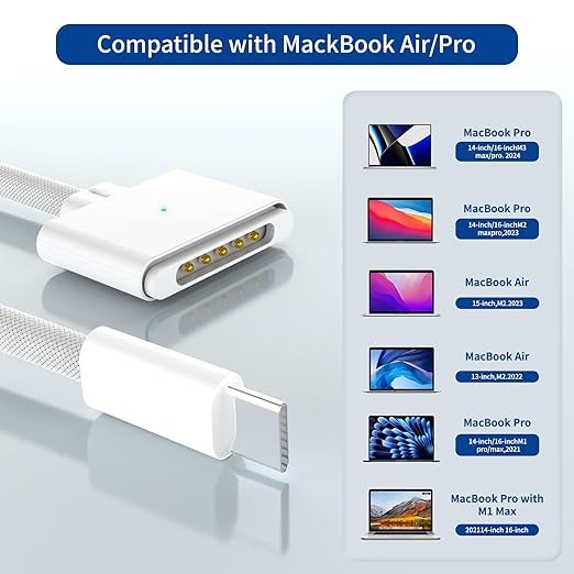140W USB-C to Magnetic 3 Cable, Safe Charging Cable Compatible with MacBook Pro 2021 M1 Pro & Max 14" 16", MacBook Air 2022 M2, 2023 M2 Pro & Max 14" 16" - 6.6ft White