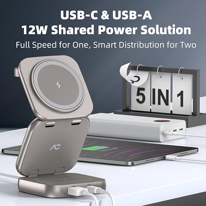 5-in-1 Wireless Charger for MagSafe, AC ISLAND Portable Travel Charging Station, 15W Max Fast Foldable Magnetic Stand, Evolved for iPhone 16/15/14/13 Series, Apple Watch, AirPods (with 35W Adapter)