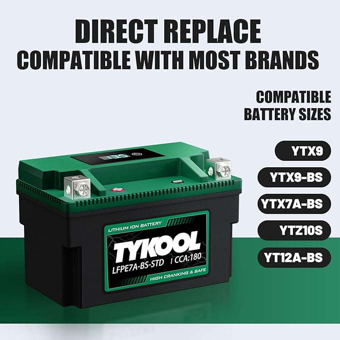 YTX7A-BS-STD 12.8V 3AH 180CCA LiFePO4 Lithium Motorcycle Battery fit for ATV,UTV, Riding Lawn Mower，Snowmobile，Scooter, Personal watercraft, Jet Ski, 4 Wheeler and more.