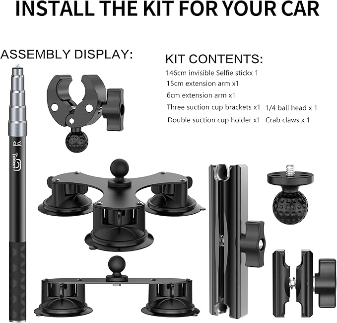 Suction Car Mount for Insta360 x5/X4/X3/X2/GO 3/ONE/GoPro Max-59 Lockable Anti-Fall Selfie Stick with 5 Suction Cups, 3-Person Car Camera Mount for 360° Action Vlog Cameras, DSLR (Indoor & Outdoor)