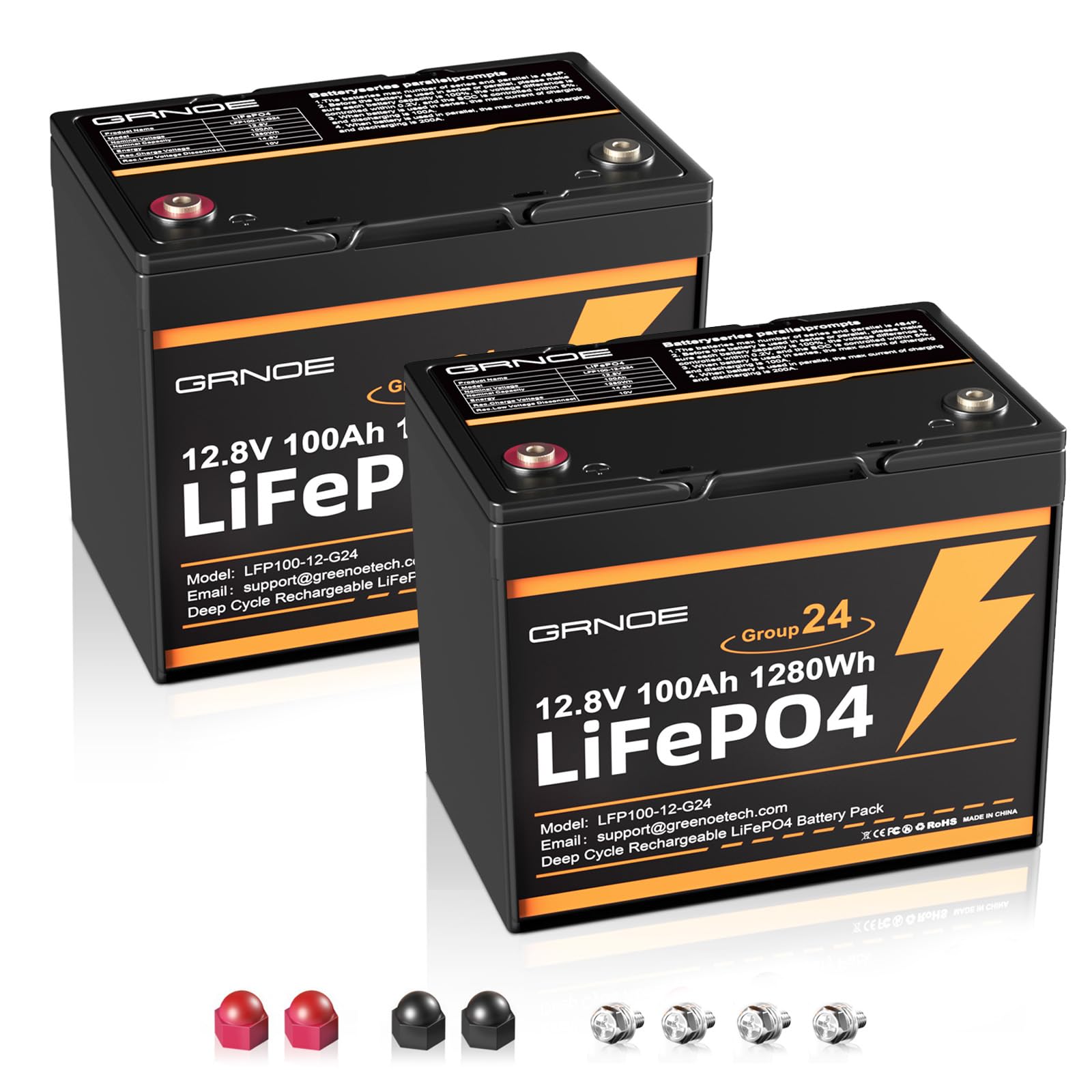2-Pack 12V 100Ah LiFePO4 Battery, Deep Cycle Lithium Battery, Group 24 Size, Built-in 100A BMS, 15000+ Cycles, Ideal for RV, Solar, Marine, Trolling Motor, Off-Grid