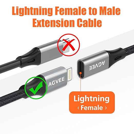 AGVEE 4 inch Lightning Extension Cable, Braided Female to Male Extender Full Function Cord Compatible with iPhone iPad, Data Sync Video Audio & Charging Connector Adapter, Dark Gray