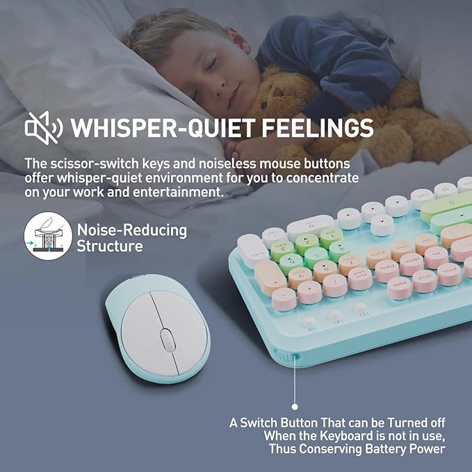 Wireless Keyboard and Mouse Set, 105 Round Keys Full-Size Cute Colorful Keyboard and Mouse with Retro Typewriter for PC/Mac/Laptop/Tablet/Computer/Windows Light Blue