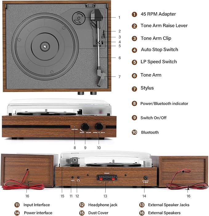 Vinyl Record Player with Dual Stereo Bookshelf Speakers Vintage Belt Drive Bluetooth Turntable with External Speakers,Convert Vinyl to MP3,LP Players AUX Headphone Input RCA Out,Brown