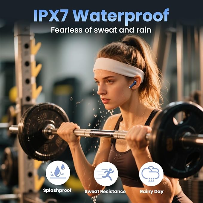 Wireless Earbuds, Bluetooth Headphones with Deep Bass Stereo, 48H Playback Ear Buds with LED Power Display Charging Case，Lightweight, IPX7, in-Ear Earphones with Mic for for Phone Tablet Laptop, Blue