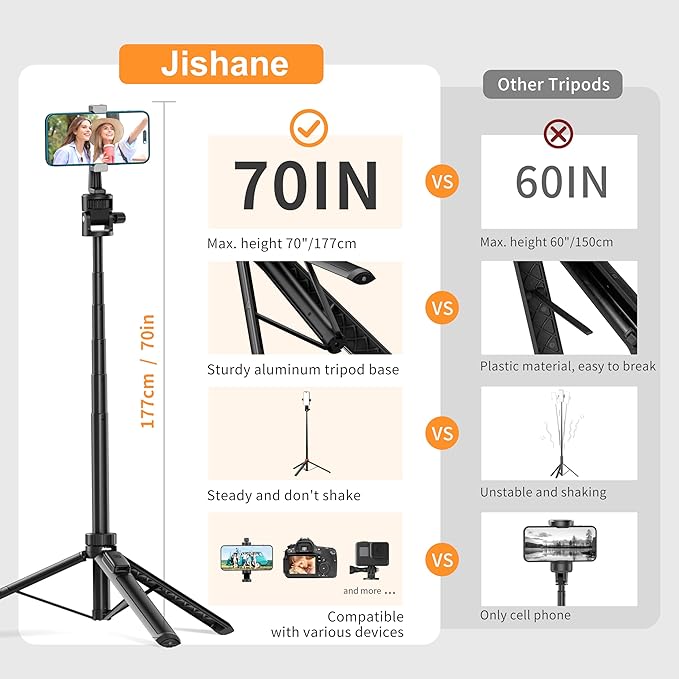70" Phone Tripod & Selfie Stick, Extendable Tripod for iPhone Stand with Wireless Remote, Lightweight Travel Stand for Vlogging/Live Streaming, Compatible with iPhone Android, Cameras