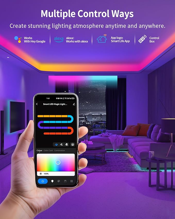 RGB+IC LED Strip Lights, Smart LED Light for Bedroom, Color Changing LED Strips with 44 Scene Modes, Segmented Control, for Bedroom Home TV Wall Décor, Party, Festival, Gathering