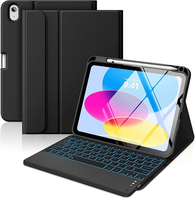 MoKo Touch Keyboard Case for iPad (A16) 11th Generation 11 inch 2025, iPad 10th Generation 10.9 inch Case with Pencil Holder, 7 Colors Backlit Multi-TrackPad Detachable Bluetooth Keyboard, Black