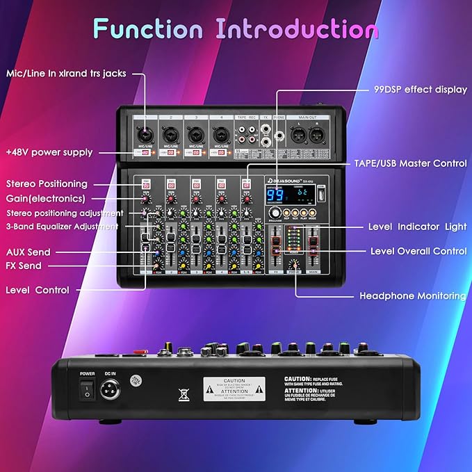 4-Channel Audio Mixer for PC, SX-4iu Mixing Console with XLR Inputs, Bluetooth, 99 Digital Signal Processor Effects, USB Interface, MP3 Compatible for Podcast, Music, Recording 9.84"x2.17"x9.84"inches