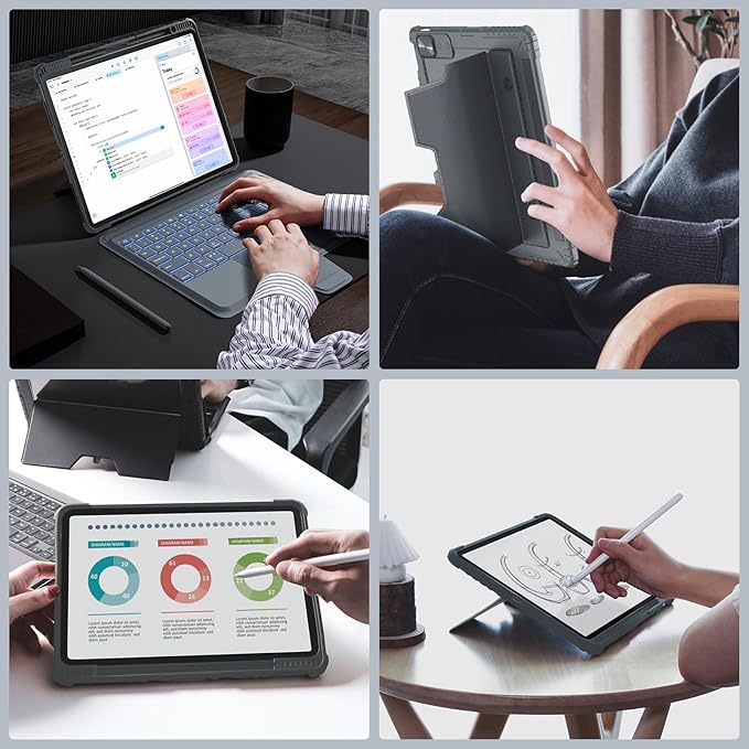 Nillkin Keyboard Case for iPad Air 13-inch (M3 2025/M2 2024), iPad Pro 12.9-inch (6th/5th/4th/3rd Gen) Rugged Case with Detachable Keyboard, Magic Trackpad, 7-Color Backlit, Portrait/Landscape, Gray