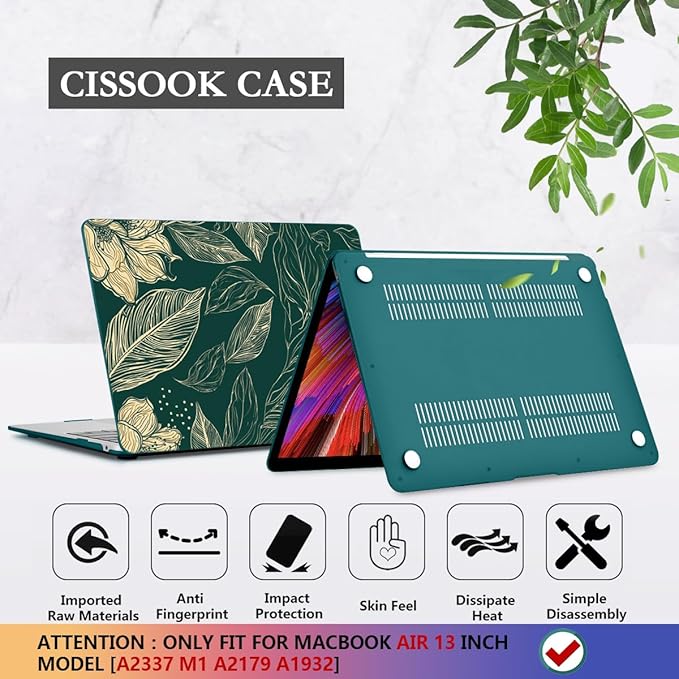 CISSOOK Compatible with MacBook Air 13 inch Case 2022 2021 2020-2018 Release M1 A2337 A2179 A1932 with Touch ID, Plastic Hard Shell Case & Keyboard Cover & Screen Protector, Elegant Floral