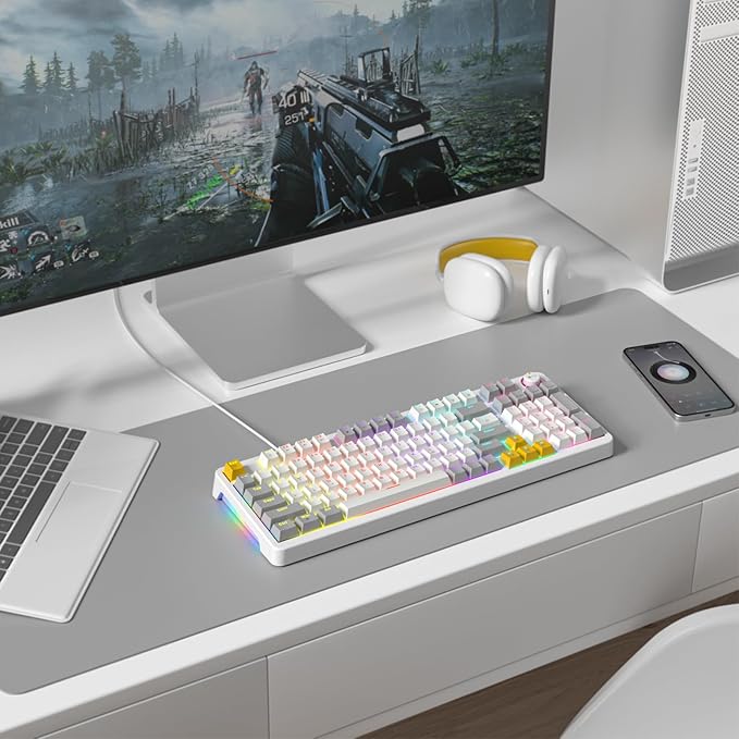 AK96 Smart Mechanical Keyboard Gaming, 96 Keys Full Size with LED Colorful Backlit, Clicky Creamy Sounding, USB Wired Computer Keyboard with Volume Knob for PC, Mac, Windows (White)