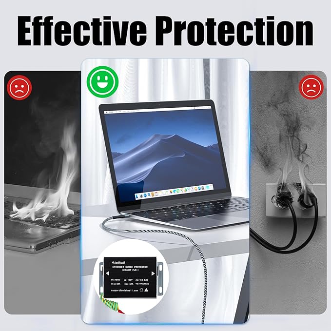 Ethernet Surge Protector Gigabit, Ethernet Lightning Arrestor PoE++ 802.3af/at/bt-RJ45 Lightning Suppressor-SPD with PTC/Gas Discharge Tube/Mounting Flange-1000Mbps,1Pack