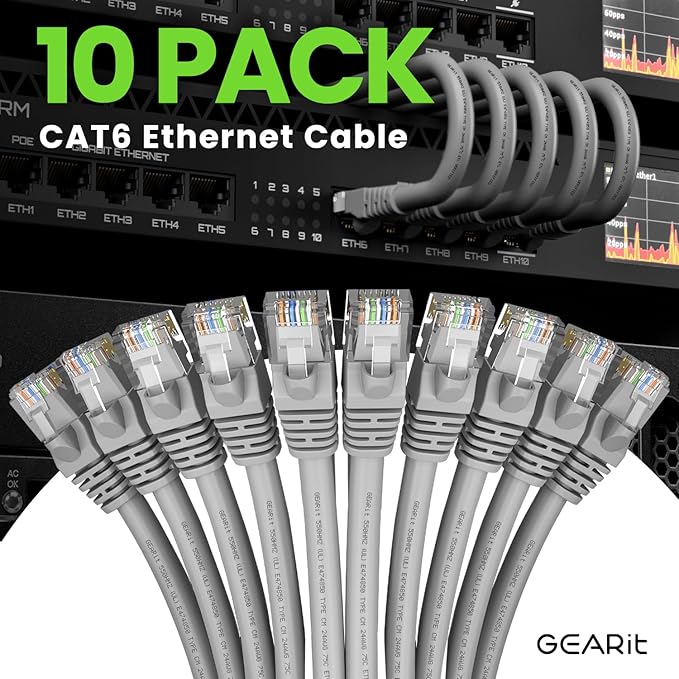 GearIT Cat 6 Ethernet Cable (10-Pack 10 Feet) Cat6 Network Patch, 10Gbps, RJ45, Snagless Cord, Gold-Plated Connectors, Internet for PC, TV, Tablet, Router, Printer, Servers, IT Data Center - Gray
