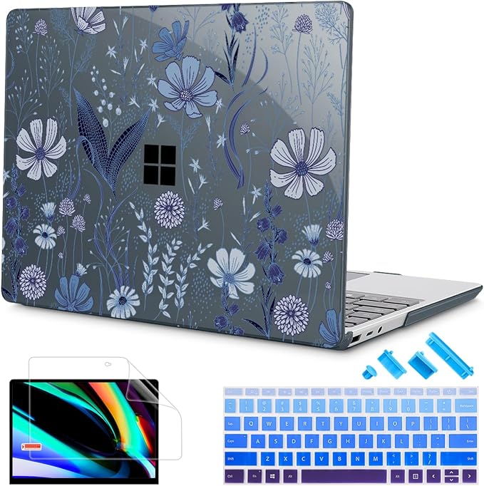 Tuiklol Case for 15 Inch Microsoft Surface Laptop 5/4/3 2022-2020, Model 1979/1953/1872/1873 Hard Shell Cover, Keyboard Cover+Screen Protector+Dust Plugs,Blue Line Floral