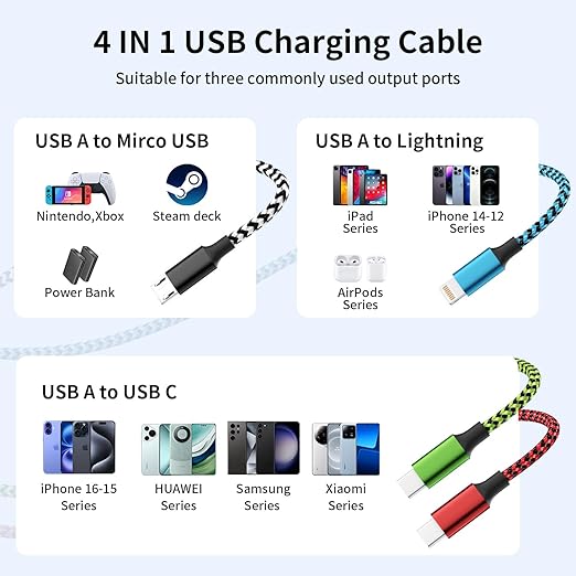 Travel Dual Type-C 4 in 1 Charging Cable, USB C Multi Charging Cable Multi Charging Cable for Multiple Devices, Phone Charging Cable Adapter 2 USB-C/IP/Micro Port for Phones Tablets Galaxy PS & More