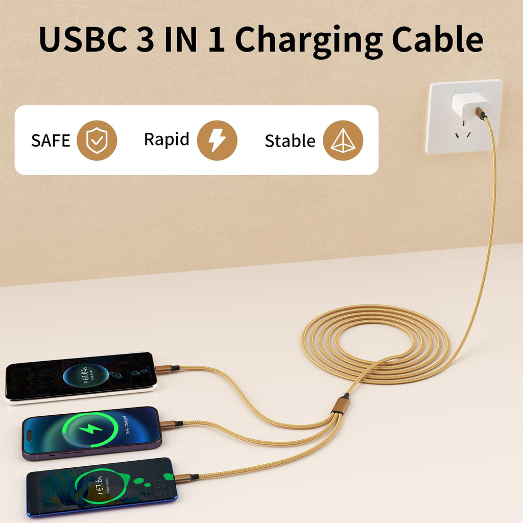 MPATIBY USB C Multi Charging Cable [2Pack 4FT], 3 in 1 Charging Cable Nylon Braided USB-C Multiple Charger Cord with Type-C, Micro USB and IP Port for Cell Phones and More (Golden)