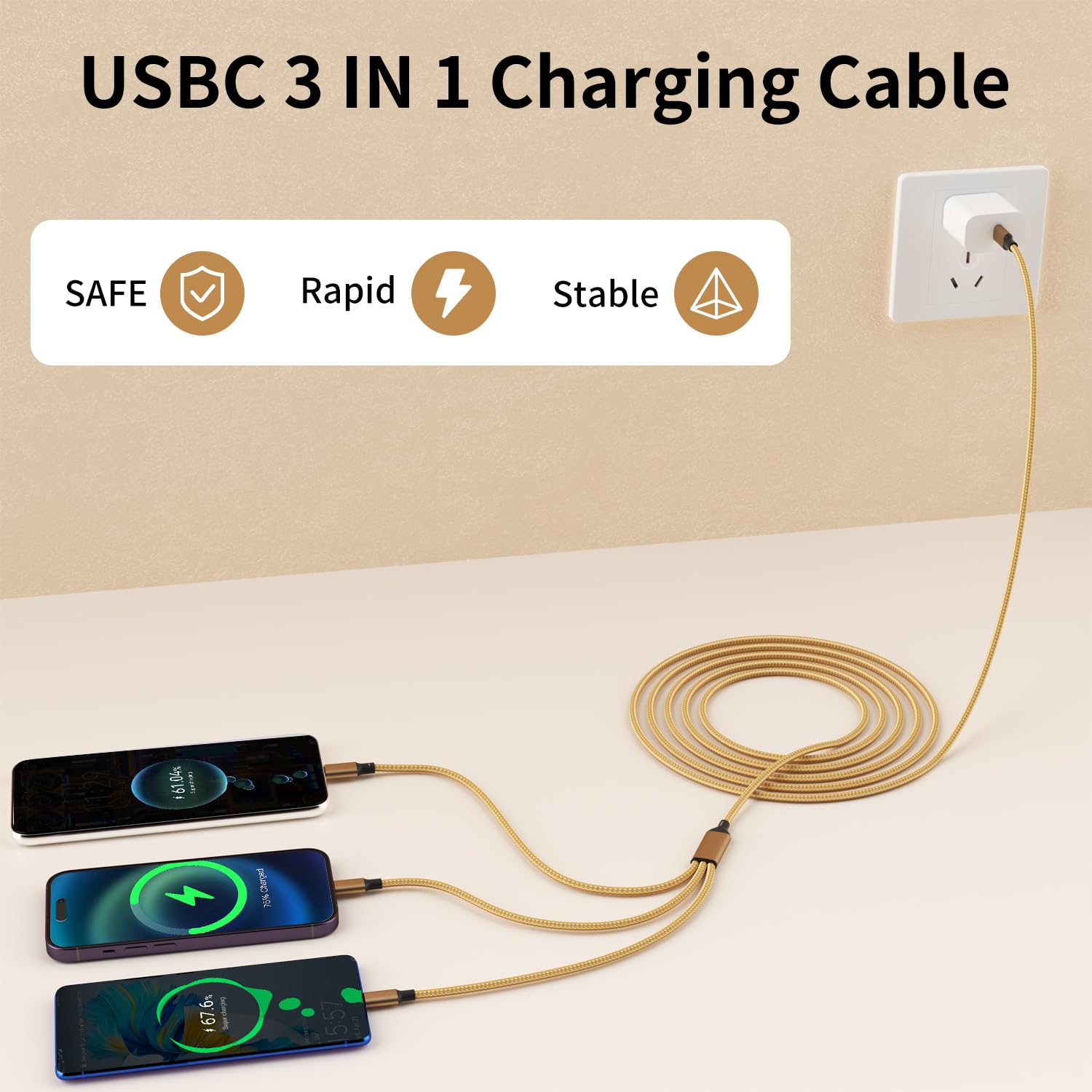MPATIBY USB C Multi Charging Cable [2Pack 4FT], 3 in 1 Charging Cable Nylon Braided USB-C Multiple Charger Cord with Type-C, Micro USB and IP Port for Cell Phones and More (Golden)