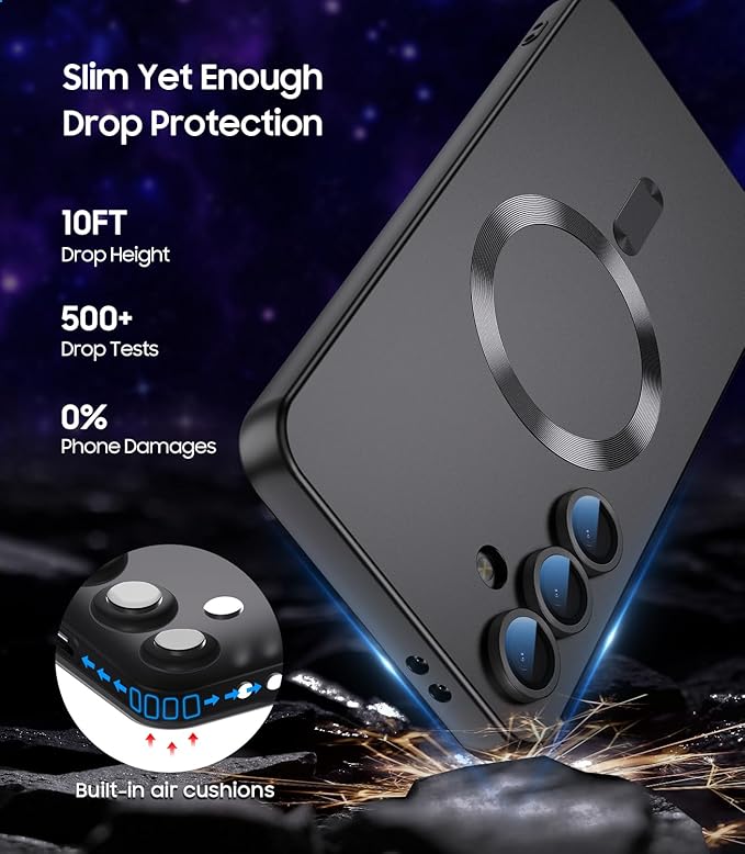 Magnetic for Samsung Galaxy S24 Plus Case [Compatible with MagSafe][Built-in Camera Lens Protector] Slim Soft Silicone Bumper Shockproof Metallic Luster Phone Case (Black)