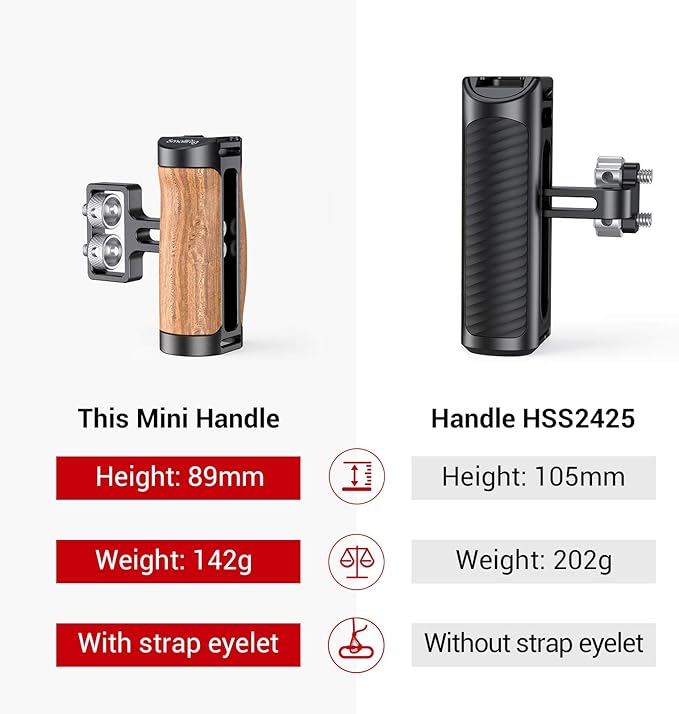 SMALLRIG Wooden Mini Handle Side Handgrip with 1/4"-20 Screws for Mirrorless Digital Camera DSLR Camera Small Camera Cage with Cold Shoe Mount Built-in Wrench, Up and Down Adjustable - 2913