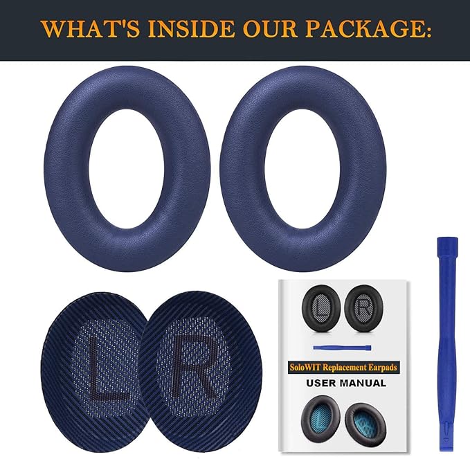 SoloWIT Replacement Earpads Cushions for Bose QuietComfort 35 (QC35) & Quiet Comfort 35 II (QC35 ii) Headphones, Ear Pads with Softer Leather, Noise Isolation Foam, Added Thickness (Midnight Blue)