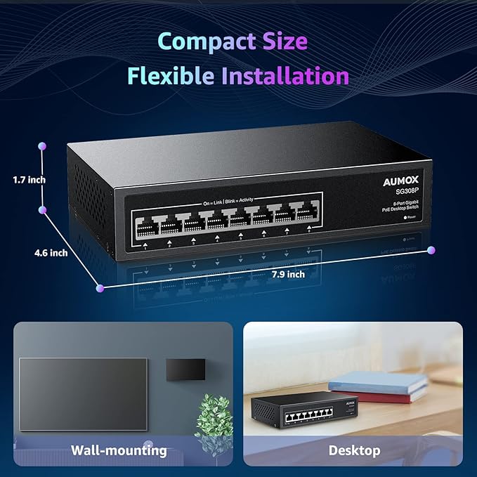 8 Port Gigabit PoE Switch, 8 Port PoE 120W, Gigabit Ethernet Unmanaged Network Switch, Plug and Play, Sturdy Metal Housing, Traffic Optimization