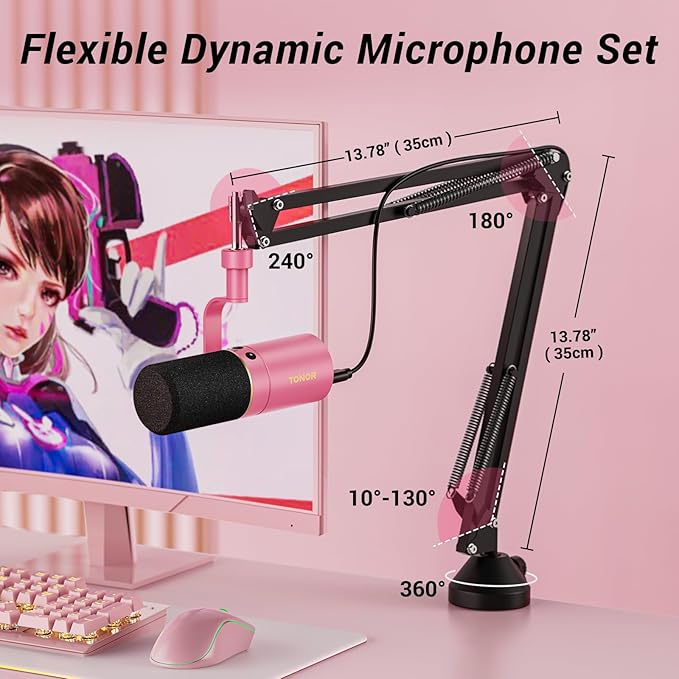 TONOR Dynamic Microphone, XLR/USB Microphone for Podcast, Recording, Streaming, Gaming, XLR Cardioid Studio Mic with Quick Mute, 3.5mm Headphone Jack, Volume Control, Mic with Boom Arm, Pink, TD510+