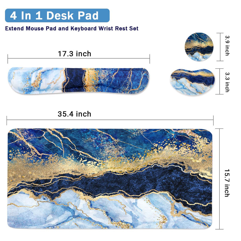 4-in-1 Large Gaming Mouse Pad, Keyboard Wrist Rest Pad & Wrist Support Mousepad Set, Extended Desk Pad Waterproof Desk Mat for Home Office Study Game - Blue Gold Marble