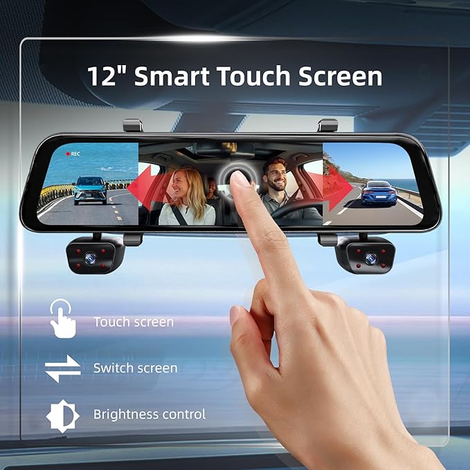 2025 Rear View Mirror Camera, 4 Channel Mirror Dash Cam Front and Rear Inside, 12" Touch Screen 360° Dash Camera for Cars, Wi-Fi, APP, GPS, IR Night Vision Backup Camera, Free 128GB SD Card