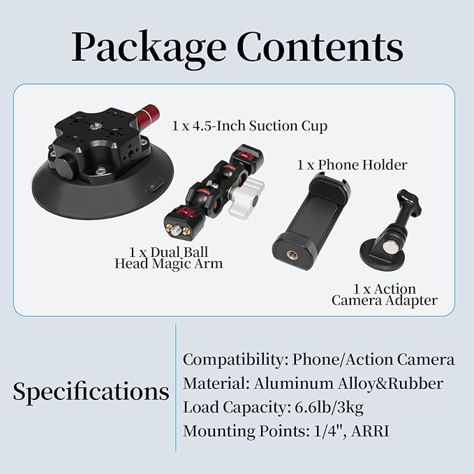 FIFIELD 4.5in Suction Cup Camera Mount with Aluminum Ball Head Magic Arm, 1/4" ARRI Holes, Quick Release Car Mount with Phone Holder & Action Cam Adapter Compatible with DJI Pocket 3 Insta360 iPhone