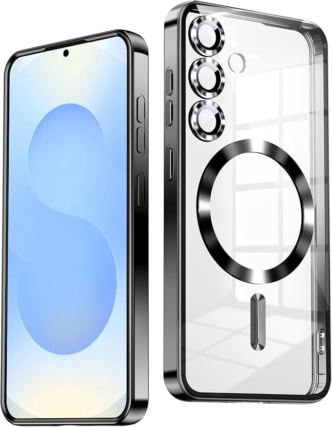Slim Thin for Samsung Galaxy S25 Plus Case, Compatible with MagSafe, Built-in Camera Lens Protector, Shockproof Protective Phone Case, Soft Electroplated Clear Cover, Black