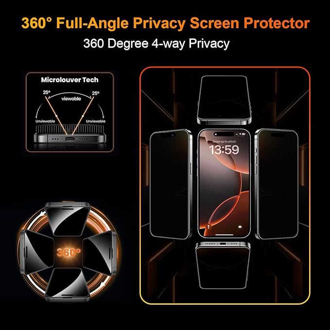 OneFish 2 Pack Privacy Screen Protector for iPhone 14 Pro Max - 4-Way 360° Anti-Spy Tempered Glass, 9H Hardness, 3D Curved Edges, Case-Friendly & Easy Installation