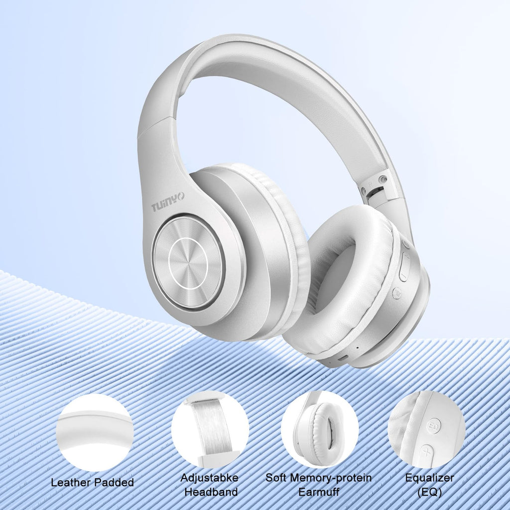 TUINYO Bluetooth Headphones Wireless, Over Ear Stereo Wireless Headset 40H Playtime with deep bass, Soft Memory-Protein Earmuffs, Built-in Mic Wired Mode PC/Cell Phones/TV-White