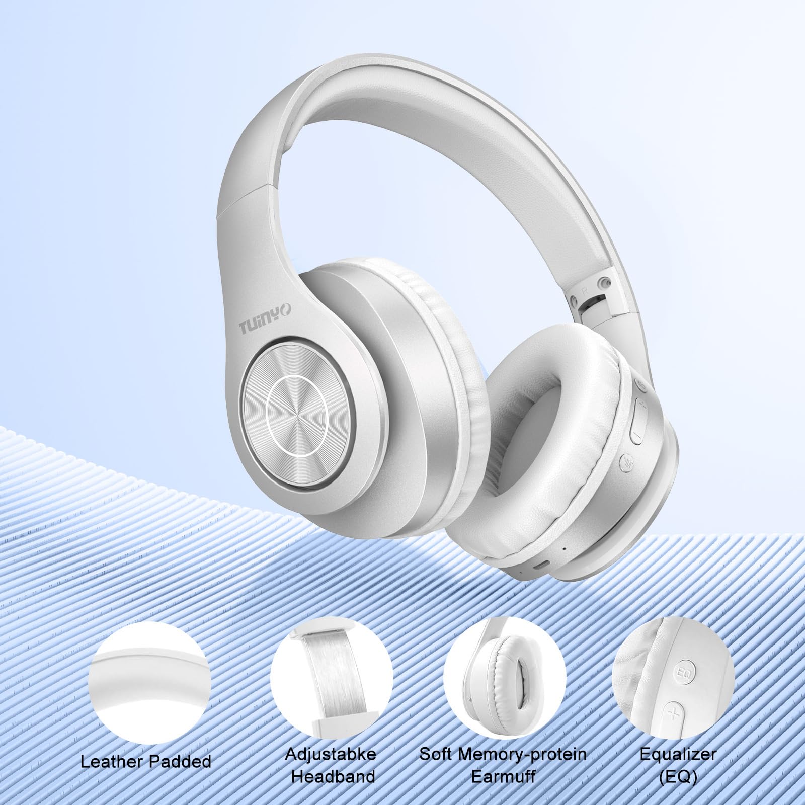 TUINYO Bluetooth Headphones Wireless, Over Ear Stereo Wireless Headset 40H Playtime with deep bass, Soft Memory-Protein Earmuffs, Built-in Mic Wired Mode PC/Cell Phones/TV-White