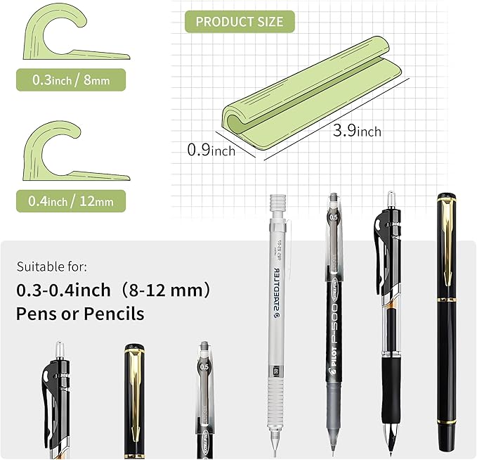 ELETIUO Pencil Holder For Most Pens,Pencils,Self-Adhesive Stick To Notebooks,Diary,Desks,Whiteboards Or Any Surface,Silicone Pen Holder For Home,Office And Desk Organization,Green