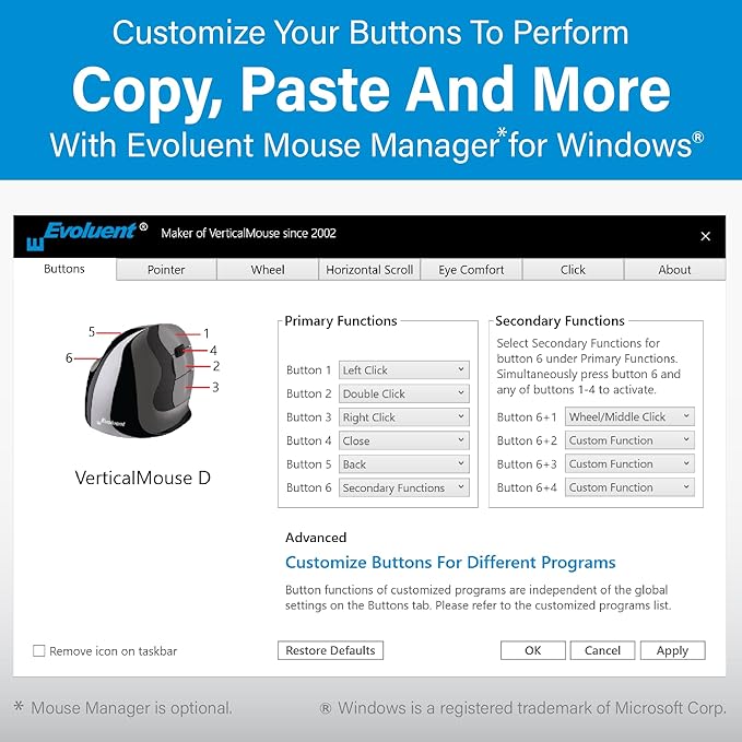 Evoluent – Inventor of the Vertical Mouse – VM4RW Ergonomic Vertical Mouse Right Hand M-to-L Wireless USB, Sculpted for Comfort, Reduces Wrist Strain, Adjustable Speed, Customizable Buttons in Windows