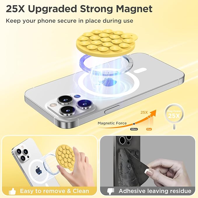 Magnetic Suction Cup Phone Mount for MagSafe Case, Silicone Hands-Free Grip Holder for iPhone and Android, Mirror Shower Phone Stand for Makeup FaceTime Gym Kitchen Bathroom, Yellow