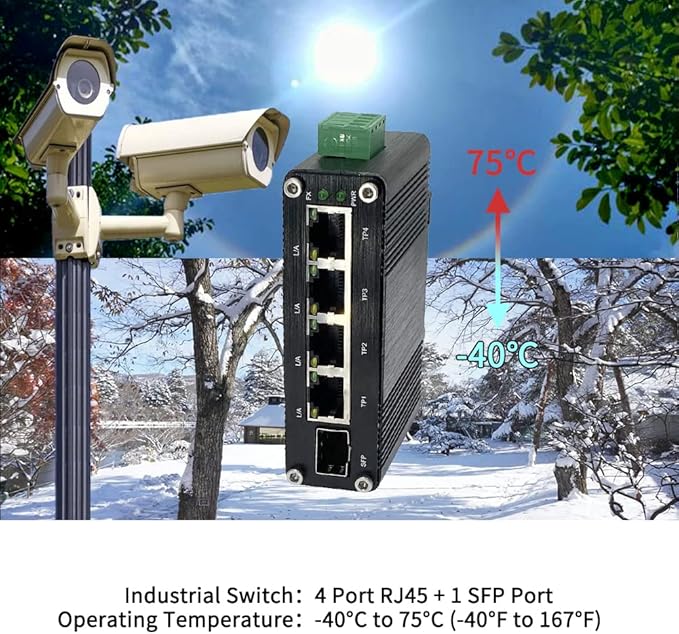 Mini Industrial 4 Port 10/100/1000Mbps Gigabit Ethernet Switch with SFP Din Rail/Wall-Mount 10/100/1000BASE-T RJ45 + 1 100/1000FX (SFP) Support 12-48V DC 10Gbps Switching Capacity