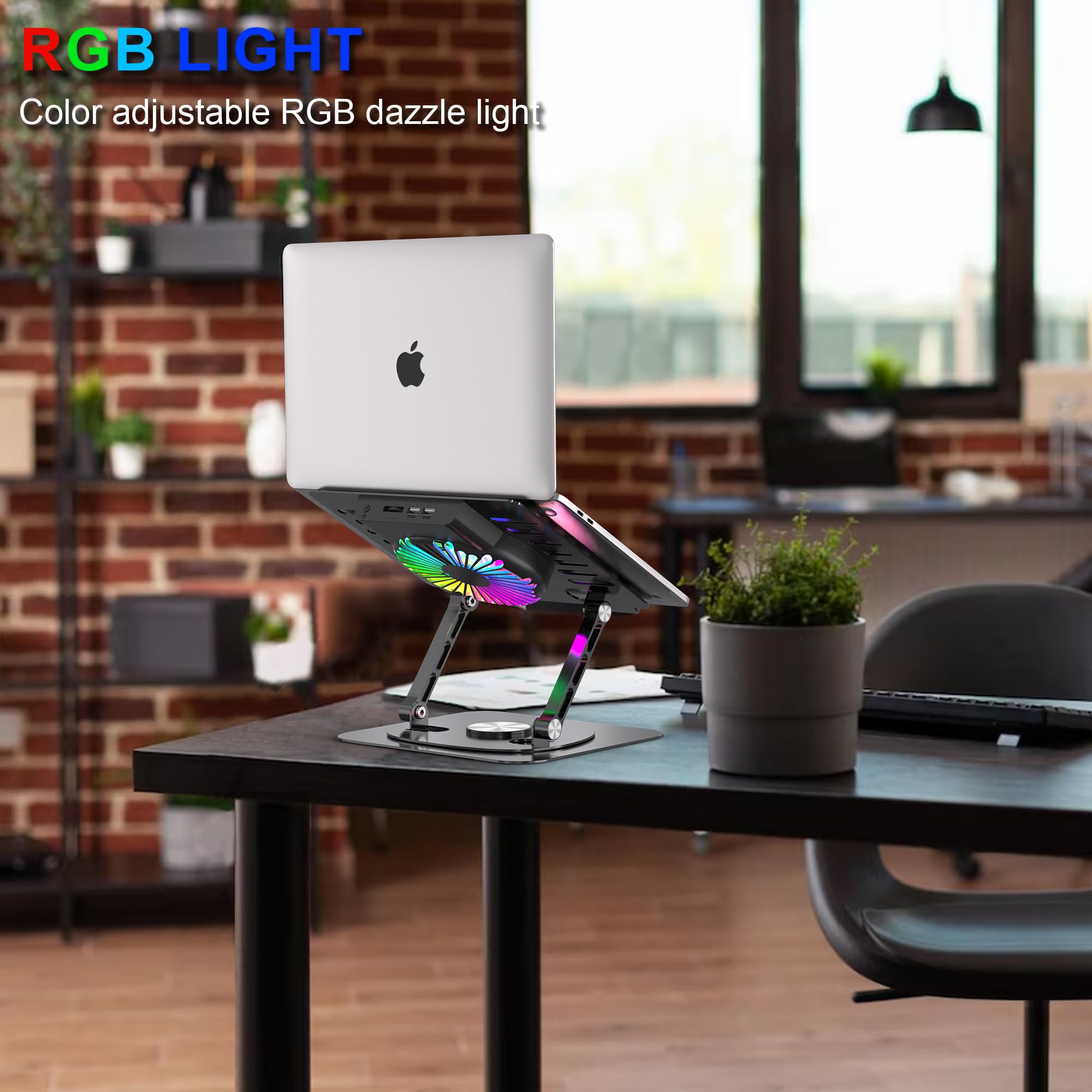 YTech Laptop Stand,with 360°Rotating Base,External Cooling Fan,Adjustable RGB Lighting,Ergonomic Foldable Notebook Computer Holder.Compatible with All 10-17" Laptops Tablets,Black
