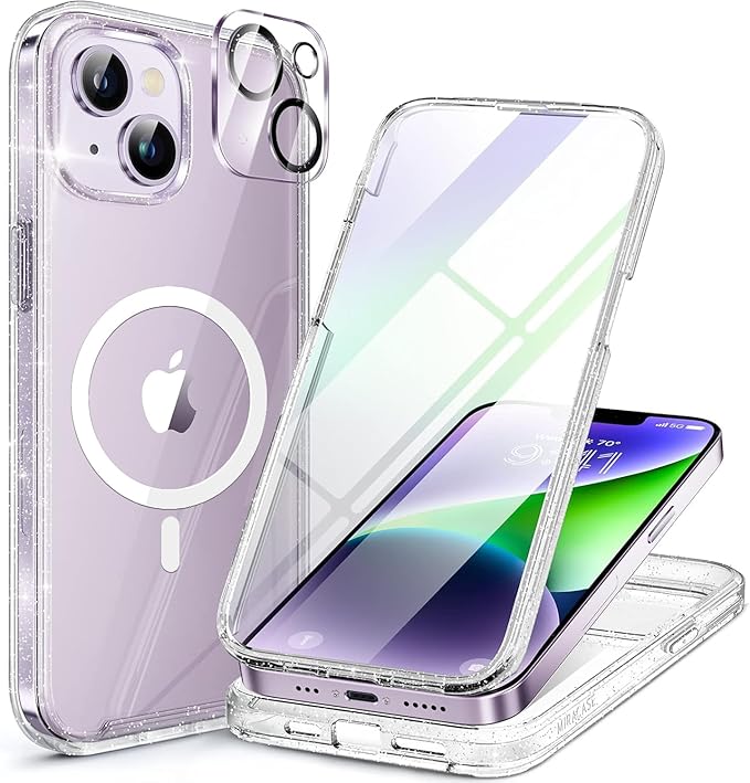 Miracase Magnetic for iPhone 14 Case 6.1", [Built-in Tempered Glass Screen Protector + Lens Protector] [Compatible with MagSafe] Full-Body Protective Bumper 14 Phone Cover, Clear Glitter